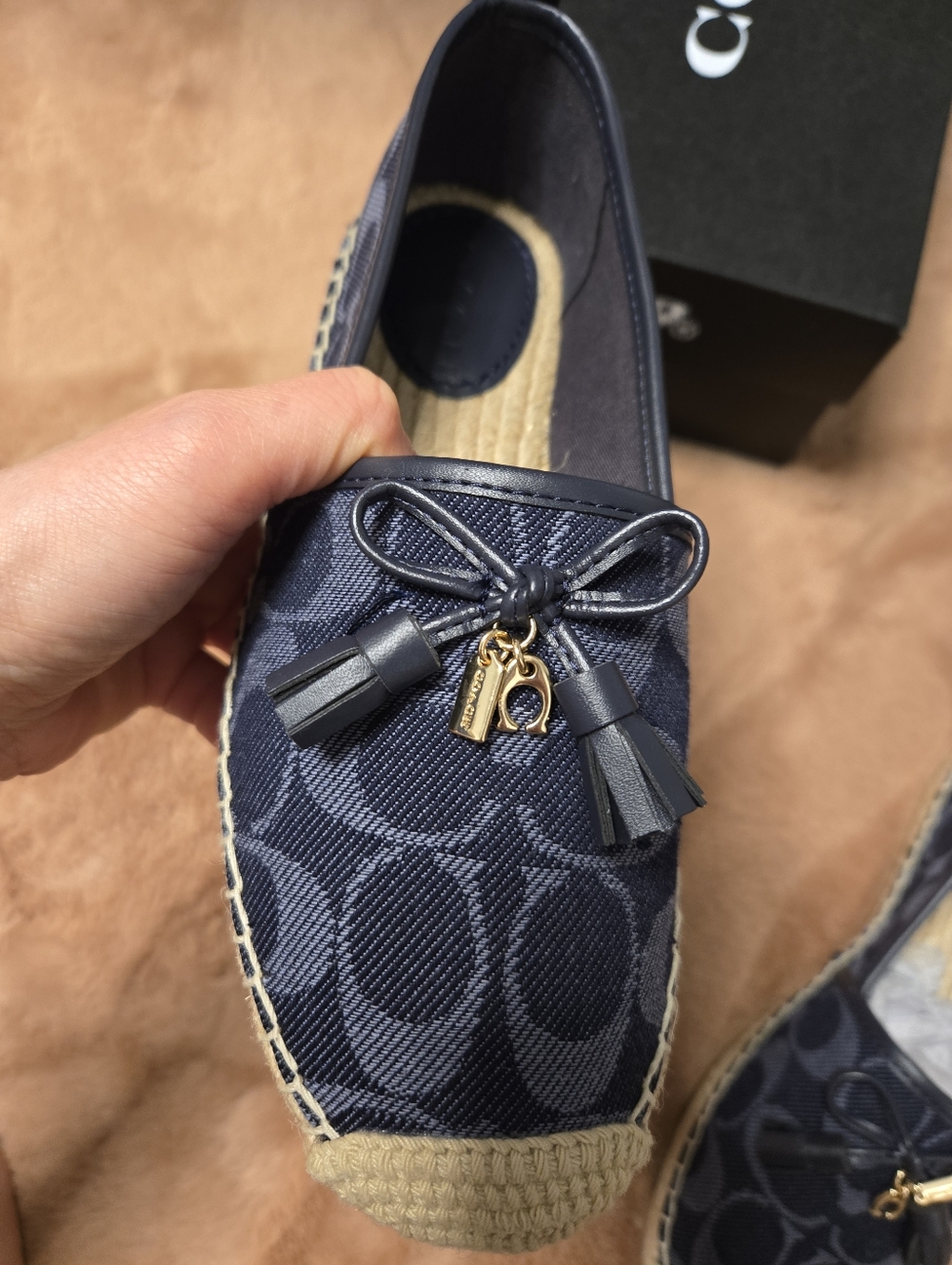 Coach Navy Signature Espadrille with Tassel and Gold Charm